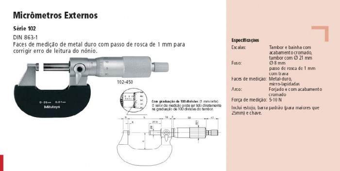 Micrômetros Externos Série 102 DIN 863 Design Robusto 