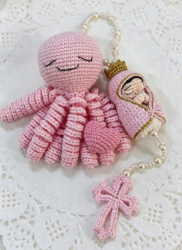  Kit Amigurumi de crochê Rosa + Terço Nossa Senhora 