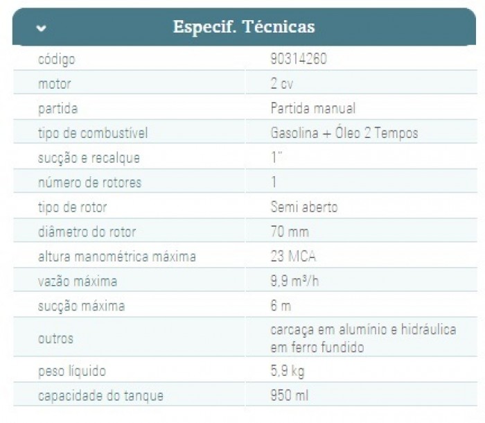 MOTOBOMBA A GASOLINA 2 TEMPOS AUTOESCORVANTE BRANCO B2T 701 2CV 1 POLEGADA PIRACICABA