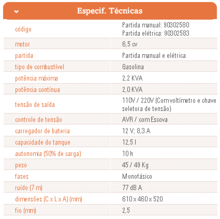 GERADOR A GASOLINA BRANCO B4T 2500 6.5CV 110V E 220V MONOFÁSICO PIRACICABA