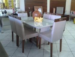 MESA DE JANTAR OFF WHITE, VIDRO PINTADO, 6 CADEIRAS